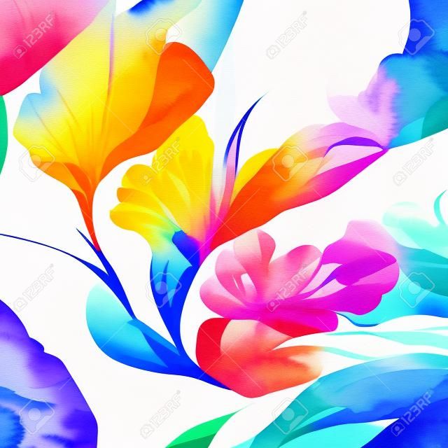 水彩アートの背景。花の絵の具のブラシの線画を使ったデジタル生成の壁紙デザイン。プリント、ウォールアート、カバー、招待状用のカラフルな水彩イラスト。