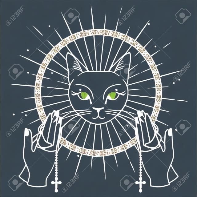 Cat Face Praying hands holding a rosary. Can use for t-shirt, textiles and print design. Vector illustration.