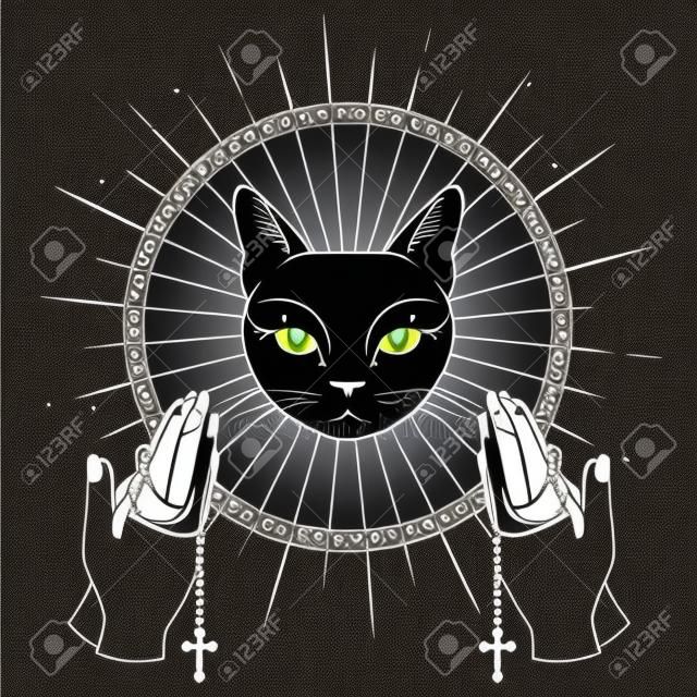 Cat Face Praying hands holding a rosary. Can use for t-shirt, textiles and print design. Vector illustration.