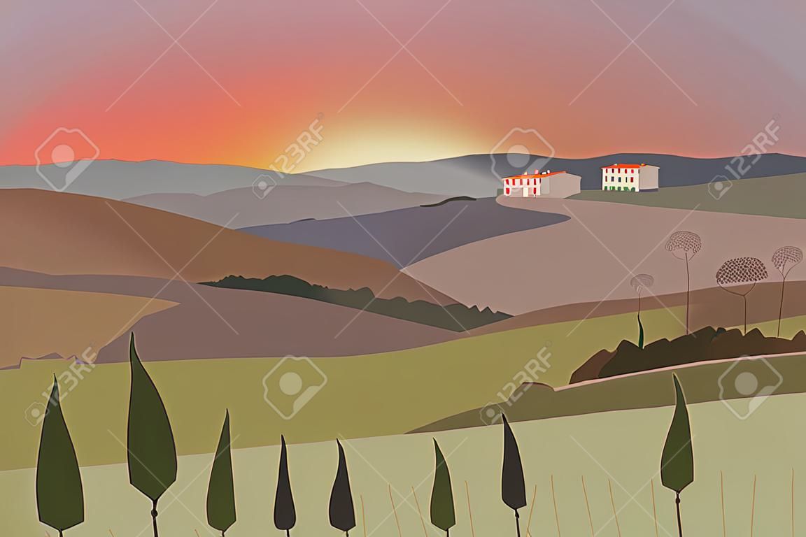山と丘のある田園風景。日没。トスカーナ、屋外レクリエーションの背景。