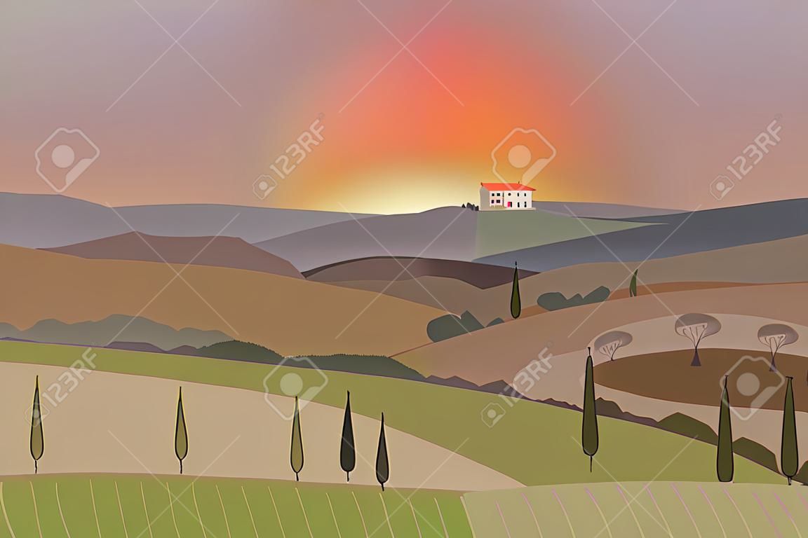 Paisaje rural con montañas y colinas. Puesta de sol. Toscana, fondo de recreación al aire libre.