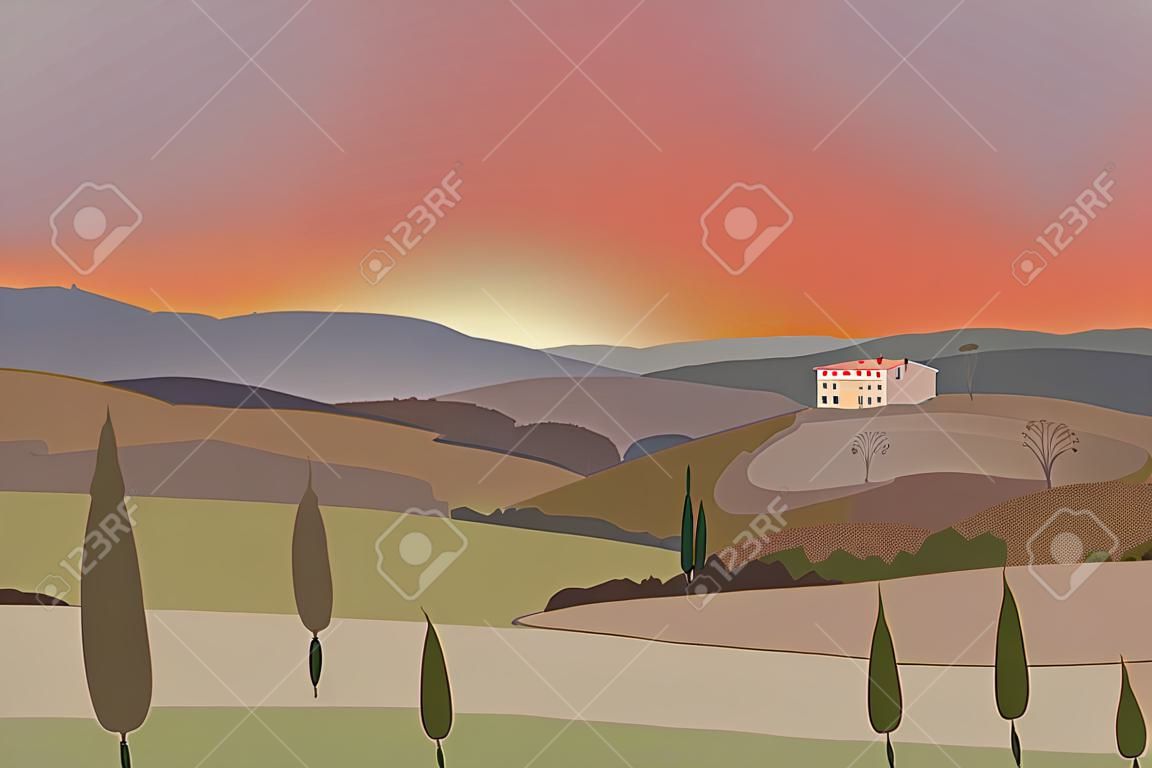 Paisaje rural con montañas y colinas. Puesta de sol. Toscana, fondo de recreación al aire libre.
