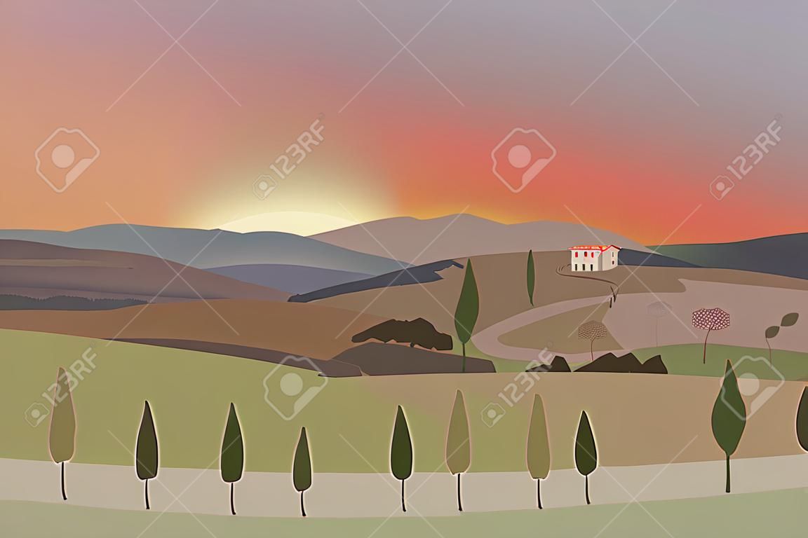 Ländliche Landschaft mit Bergen und Hügeln. Sonnenuntergang. Toskana, Erholungshintergrund im Freien.