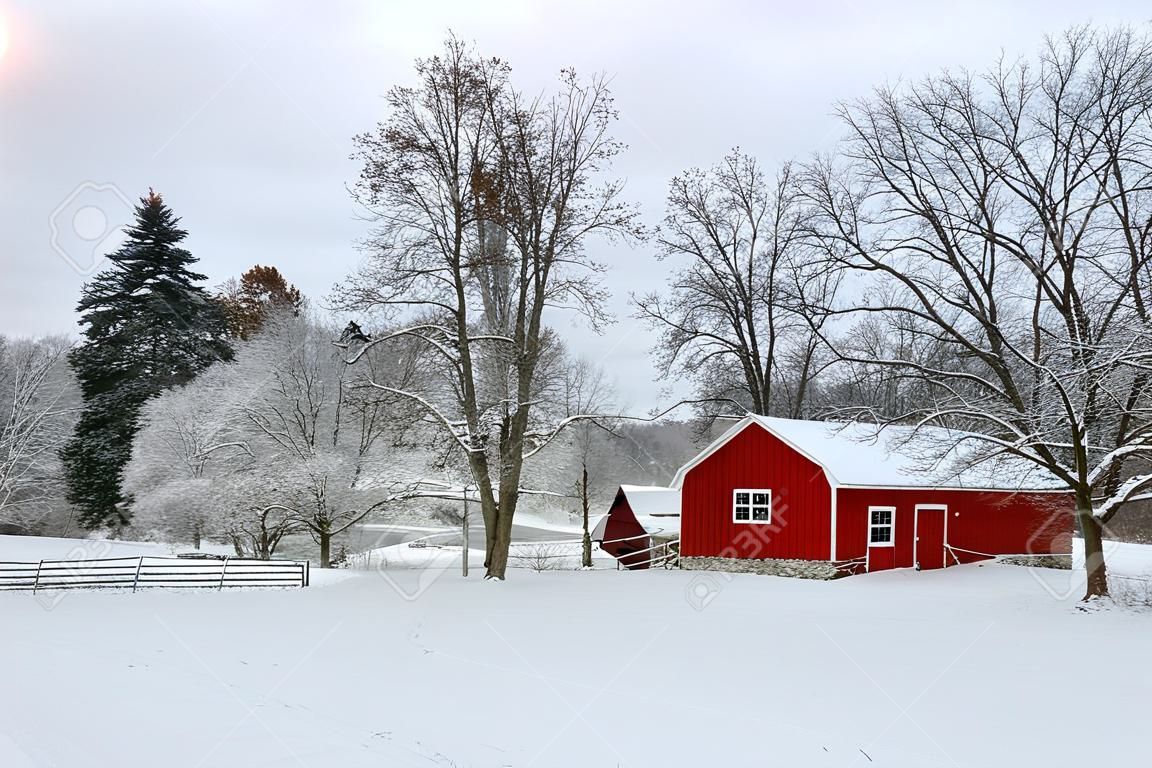 Rural landscape with red barns, trees and road covered by fresh snow. Scenic winter view at Wisconsin, Midwest USA, Madison area.