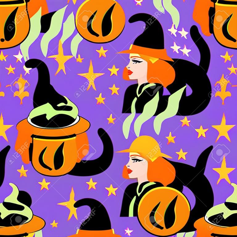 Vector seamless pattern on the theme of magic witch, cauldron, potion, cat under hat