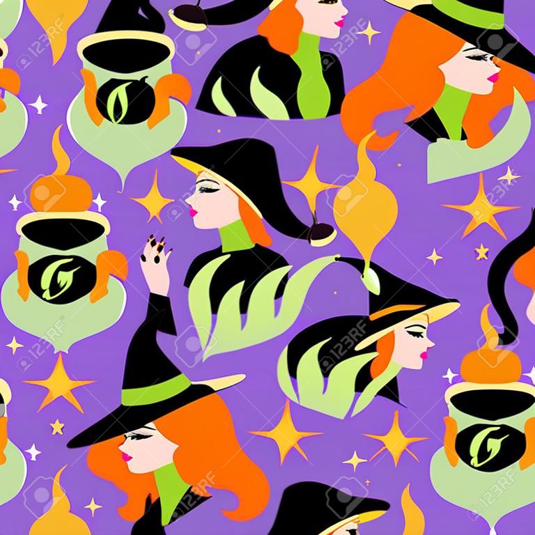 Vector seamless pattern on the theme of magic witch, cauldron, potion, cat under hat