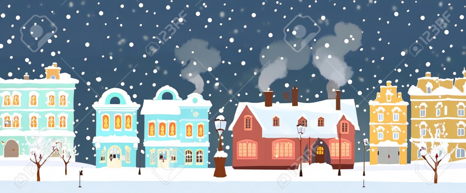 Snowy night in cozy town city panorama. Winter village landscape