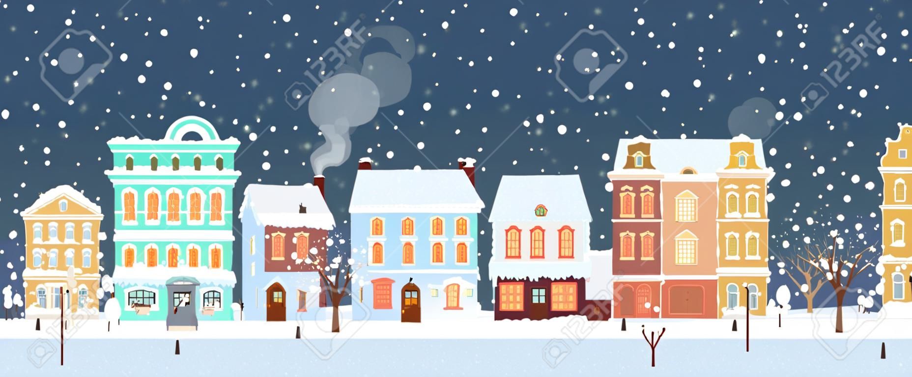 Snowy night in cozy town city panorama. Winter village landscape