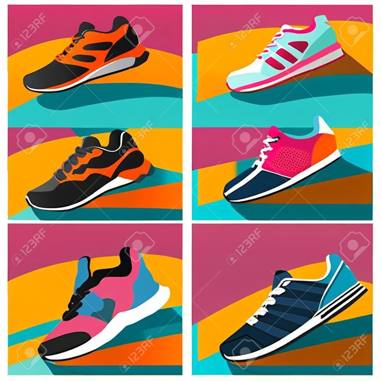 Fitness sneakers shoes for training running shoe flat design with long shadow. Sport shoes set