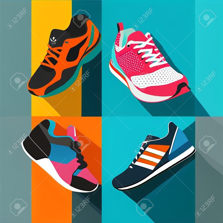 Fitness sneakers shoes for training running shoe flat design with long shadow. Sport shoes set