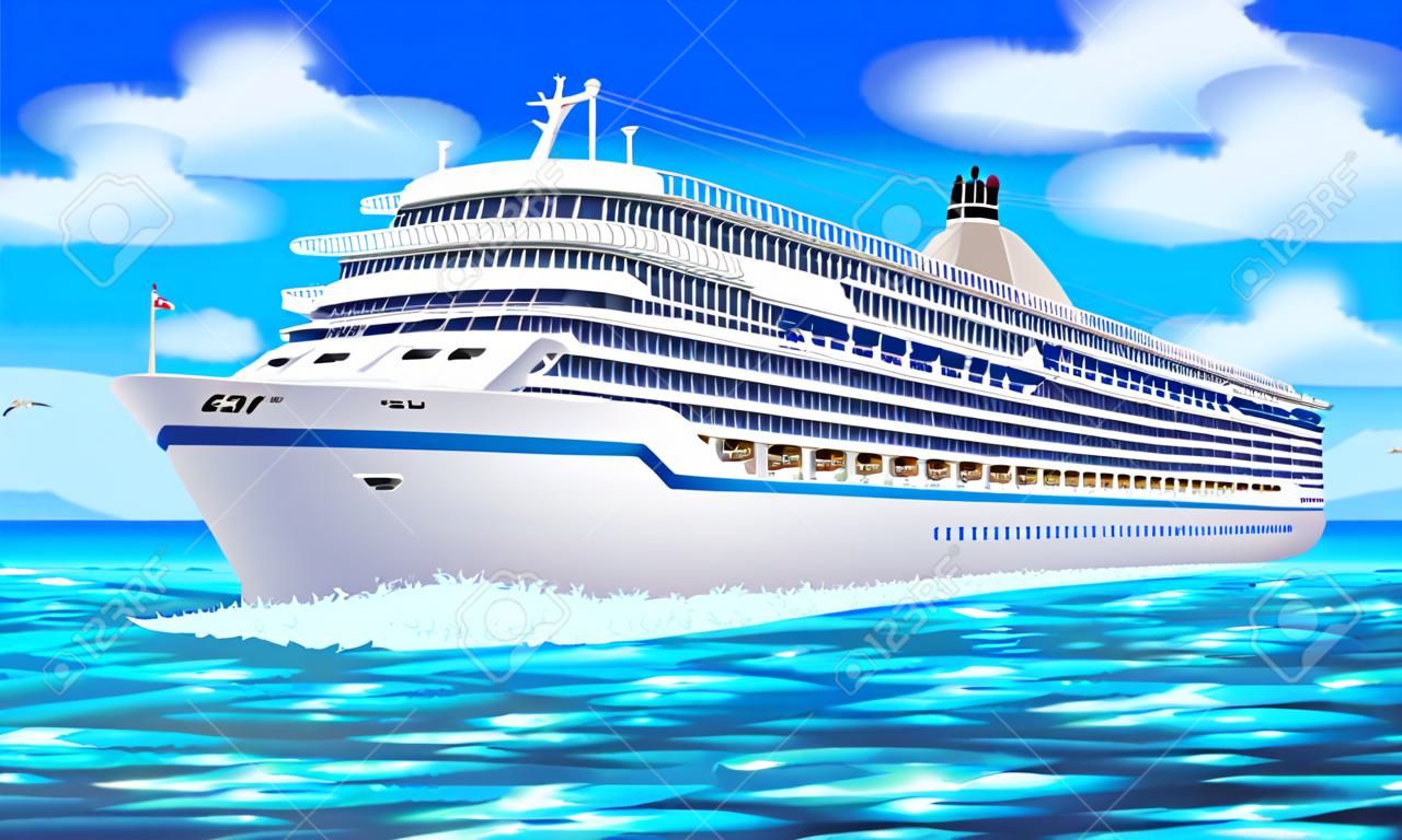 Grande navio de cruzeiro, oceano, céu azul em estilo plano. Cruzeiro, férias em família luxo de verão. Ilustração vetorial.