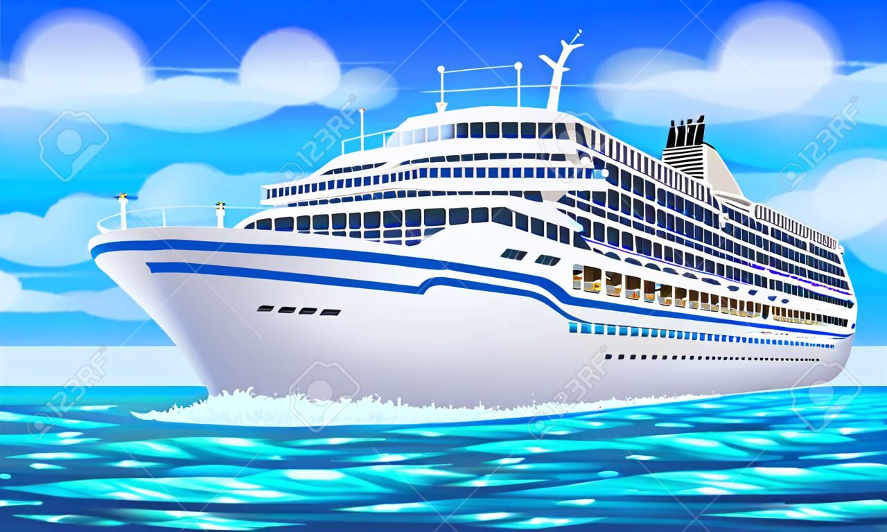 Grande navio de cruzeiro, oceano, céu azul em estilo plano. Cruzeiro, férias em família luxo de verão. Ilustração vetorial.