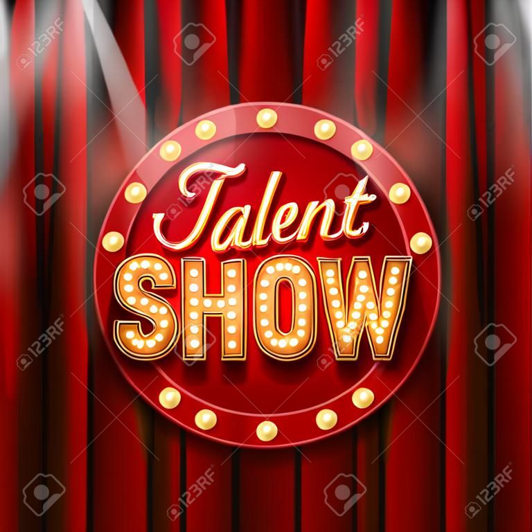 Talent show banner, poster, gold inscription on red curtain, advertising or invitation, event, vector illustration