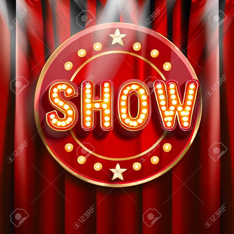 Talent show banner, poster, gold inscription on red curtain, advertising or invitation, event, vector illustration