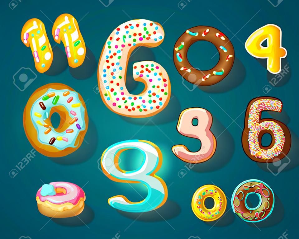 Lettertype van donuts. Bakkerij zoet alfabet. Alfabetnummers Donut glazuur kleuren stijl 0,1,23456789 0 Vector illustratie