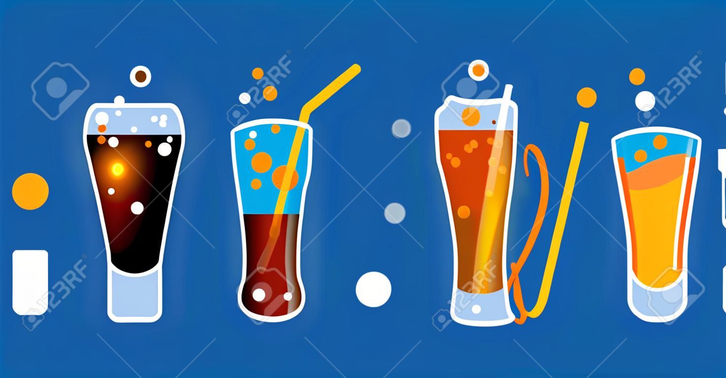 Verres de différentes couleurs avec des boissons gazeuses avec des bulles et des tubes. Illustration vectorielle de bar à cocktails