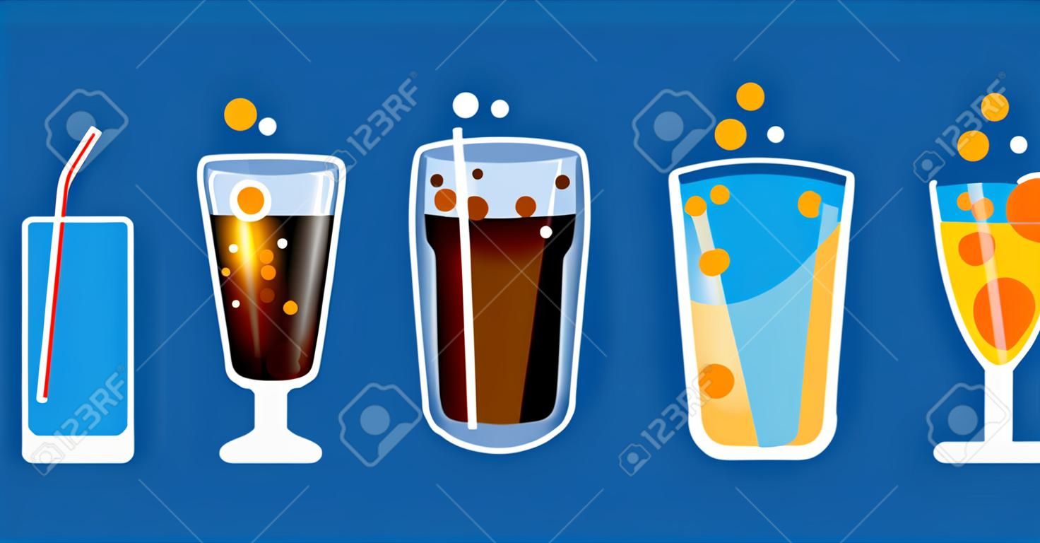 Diversi bicchieri colorati con bevande gassate con bolle e tubi. Illustrazione vettoriale di cocktail bar