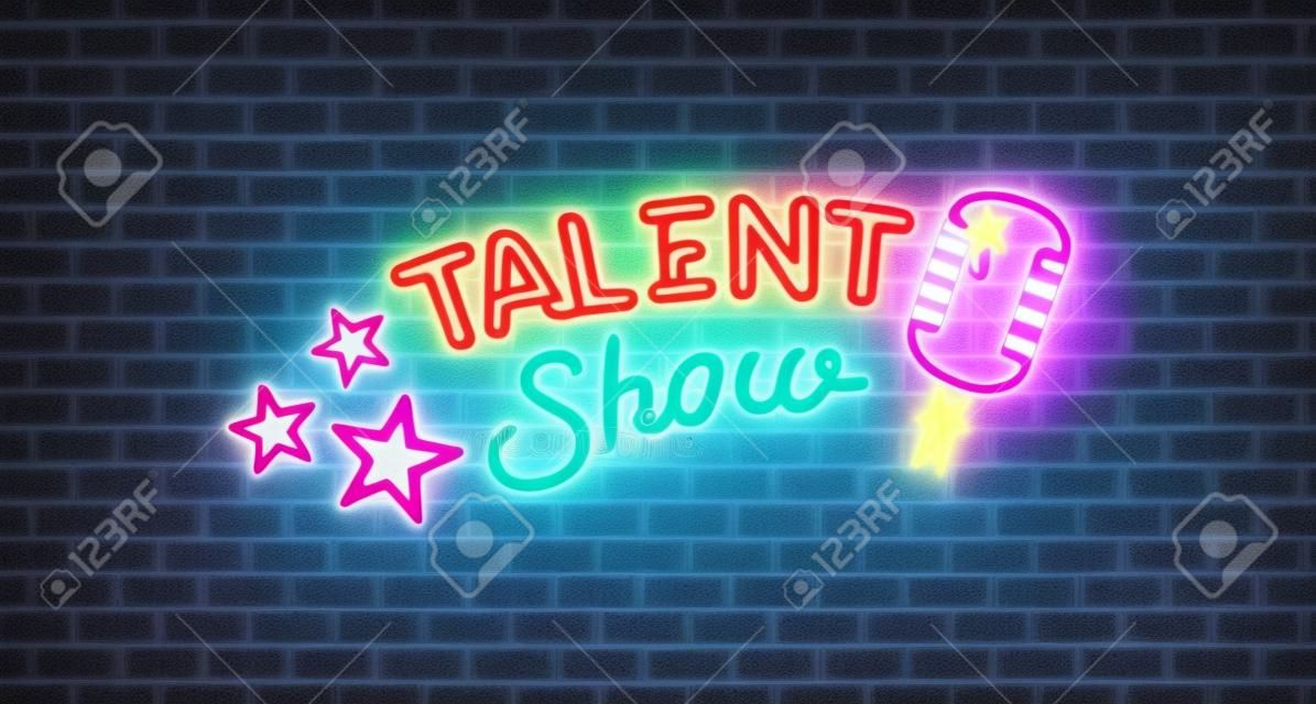 Talent show banner, poster, neon bord met sterren en microfoon, helder bord, reclame of uitnodiging, evenement, vector illustratie.