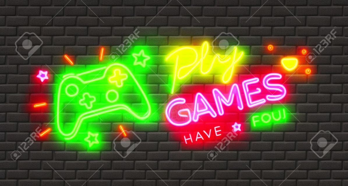 Spielen Sie Spiele, haben Sie Spaß Neonschild mit Gamepad, hellem Schild, Lichtbanner. Spiellogo Neon, Emblem. Vektor-Illustration