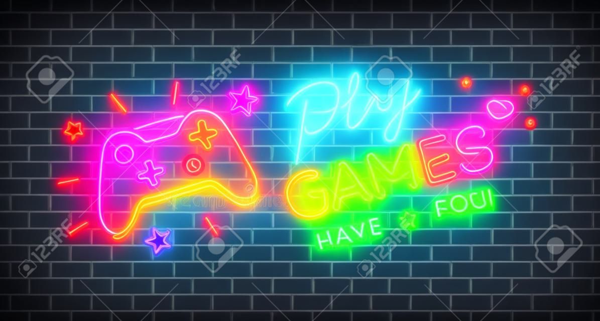 Premium Vector  Play games have fun neon sign with game pad bright  signboard light banner game logo neon emblem vector illustration