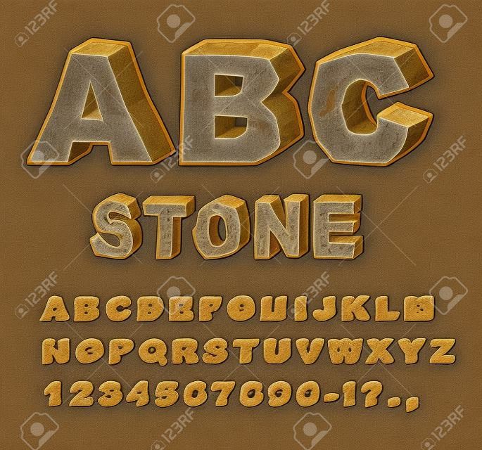 Pedra ABC. Pedra fonte. Conjunto de letras de cálculo marrom com rachaduras e lascado. alfabeto crag