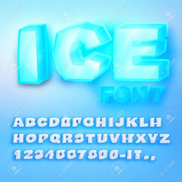 冰字体。冷酷的信件。透明的蓝色字母。冷淡的字母表。冷冻的刻字
