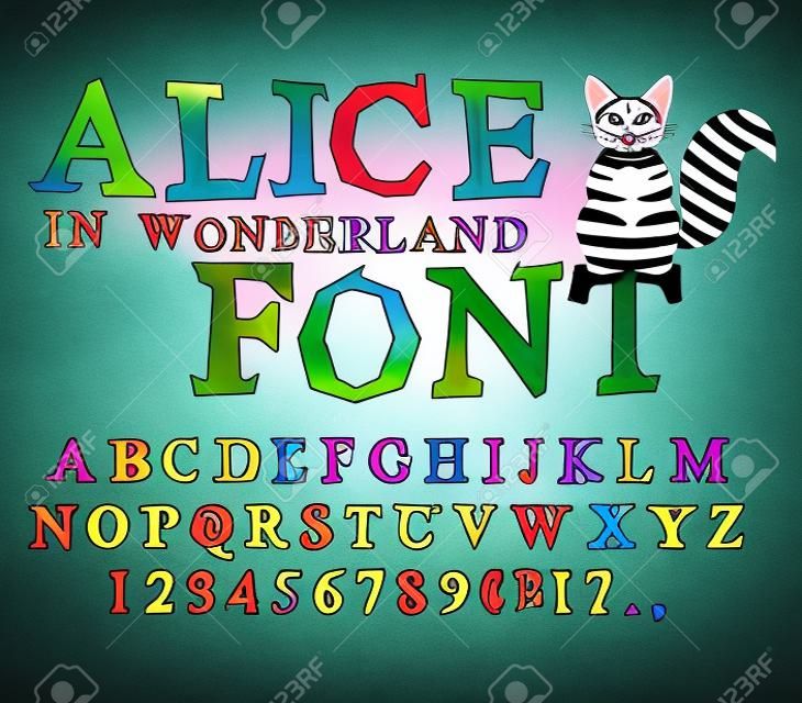 Alice no País das Maravilhas fonte. Fada ABC. louco Alfabeto Cheshire Gato. Conjunto de letras. Besta mágica com cauda longa listrada
