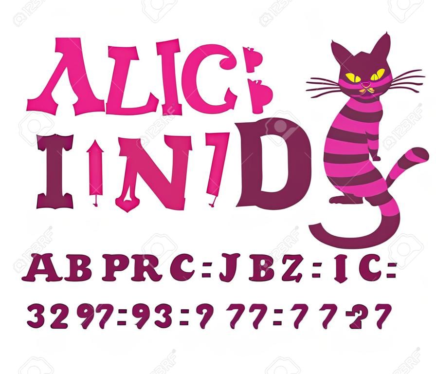 Alice no País das Maravilhas fonte. Fada ABC. louco Alfabeto Cheshire Gato. Conjunto de letras. Besta mágica com cauda longa listrada