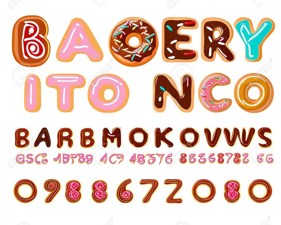 麵包店字體。甜甜圈ABC。烤油字母。巧克力糖衣和灑。食用排版。食品刻字。甜甜圈字母。