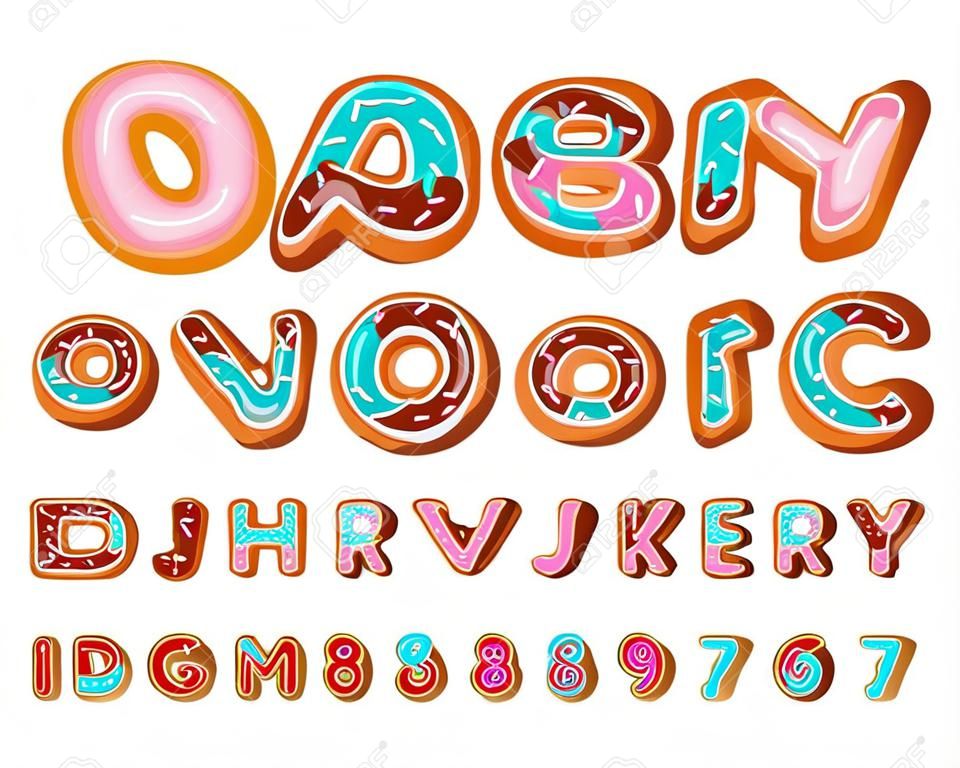 Bäckerei Schriftart. Donut ABC. Gebackene in Öl Buchstaben. Schokoladenglasur und Beregnung. Essbare Typographie. Essen Beschriftung. Doughnut Alphabet.