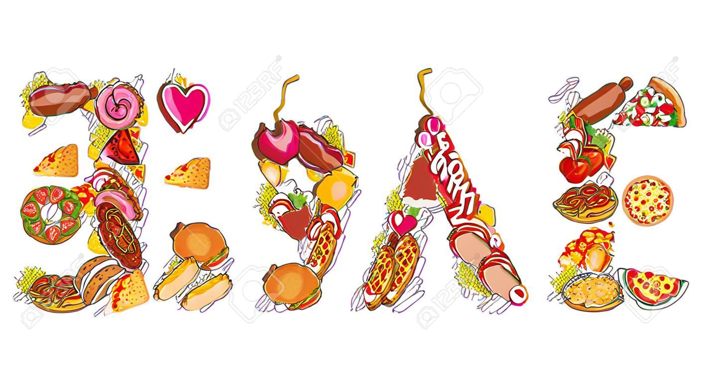 Food typography. Letters of feed. Lettering of meat. Pizza and taco. French fries and hamburger. Hotdog and cookies. Baked turkey and watermelon. Pork and cake. Donuts and dumplings