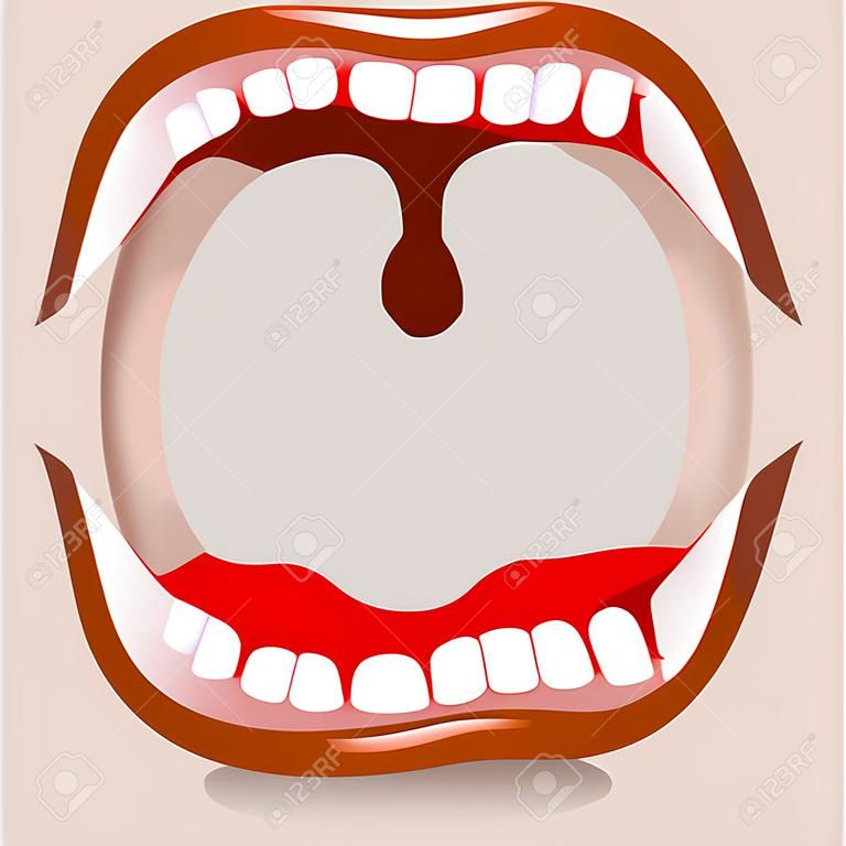 Mundbehandlung. Zähne und Zunge. Hunger. gähnt auf weißem Hintergrund. Lippen und Rachen