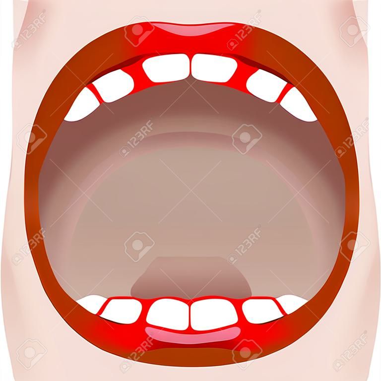 Mundbehandlung. Zähne und Zunge. Hunger. gähnt auf weißem Hintergrund. Lippen und Rachen