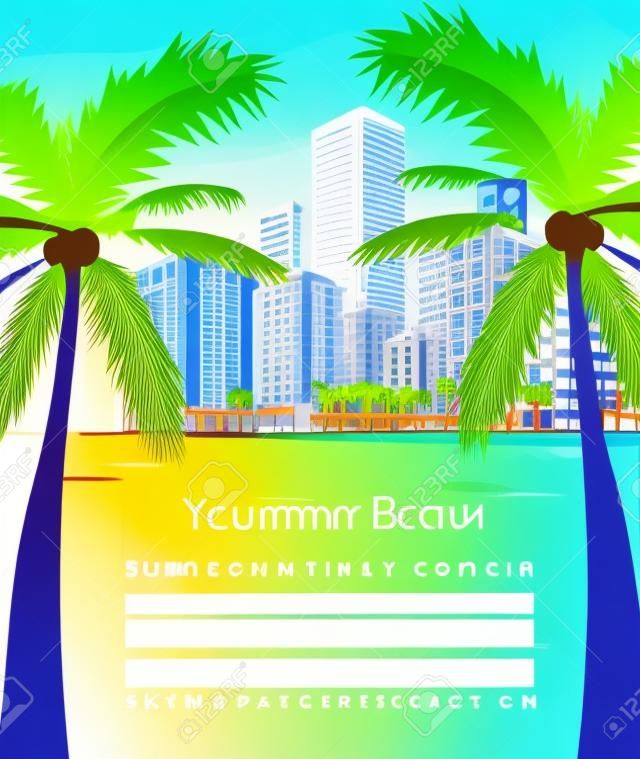 Concept de plage d'été au centre-ville avec des gratte-ciel et des palmiers bannière ou modèle d'affiche.