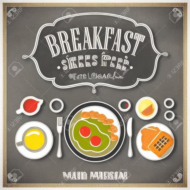 Tahta Set Vintage Poster Kahvaltı menüsü retro tarzı tasarım Eskizler