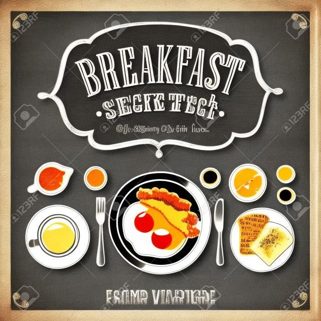 칠판에 설정 빈티지 포스터 아침 식사 메뉴는 복고 스타일의 디자인을 스케치합니다