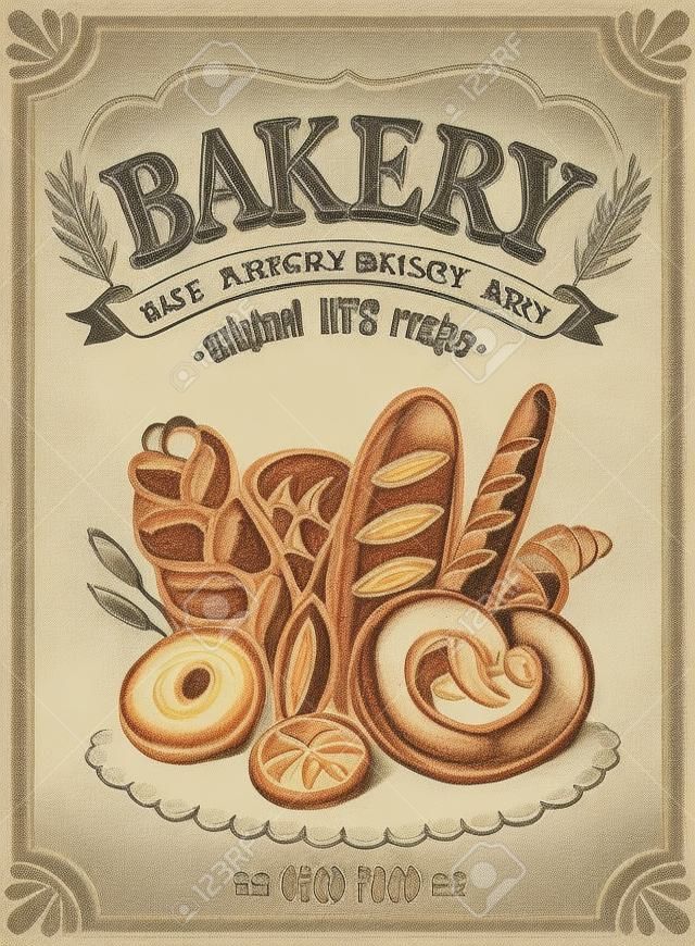 Vintage Bakkerij Poster. Vrije hand tekening met imitatie van krijt schets.