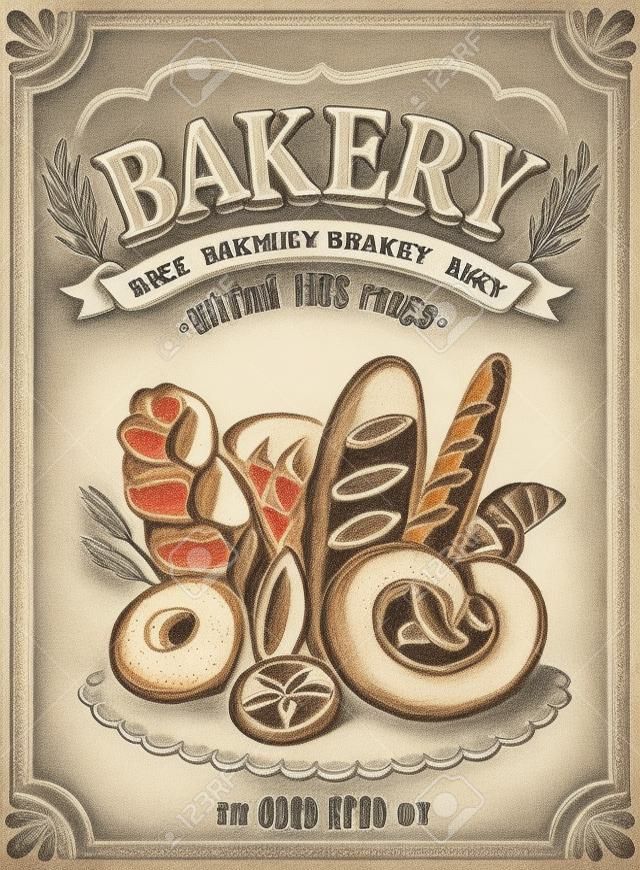 Cartaz de padaria vintage. Desenho à mão livre com imitação de esboço de giz.