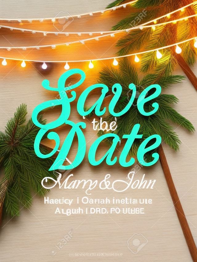 Hanging decorative holiday lights for a beach party. Inspiration card for wedding, date, birthday. Beach party invitation