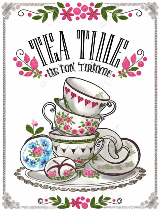 Иллюстрация Tea Time с милыми чашками и хлебобулочных изделий. Красивые цветочные кадр. Рисования от руки. эскиз