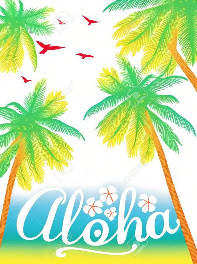 Летний пляж иллюстрации Алоха. Вдохновение карты для свадьбы, даты, дня рождения, тропические приглашения.