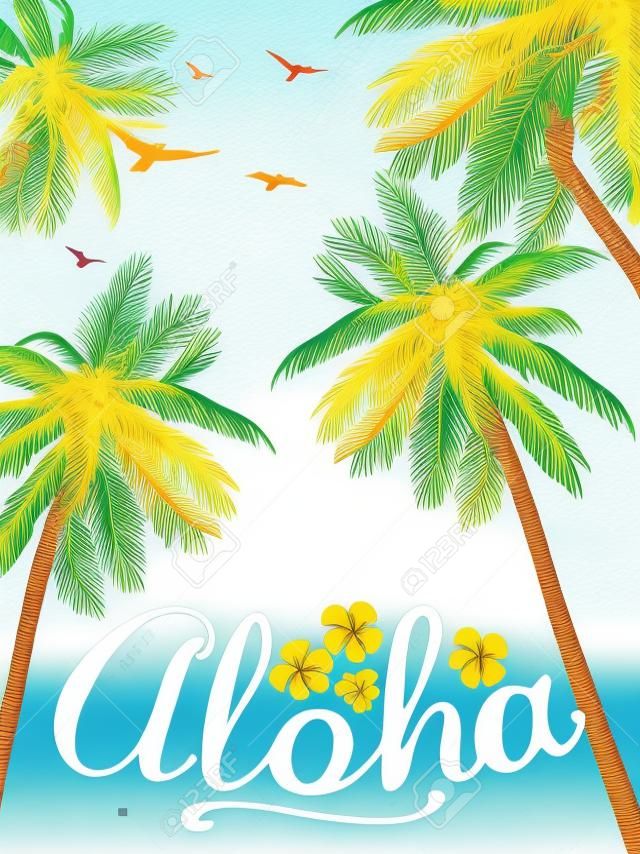 Ilustración de playa de verano Aloha. Tarjeta de la inspiración para la boda, fecha, cumpleaños, invitación tropical del partido.