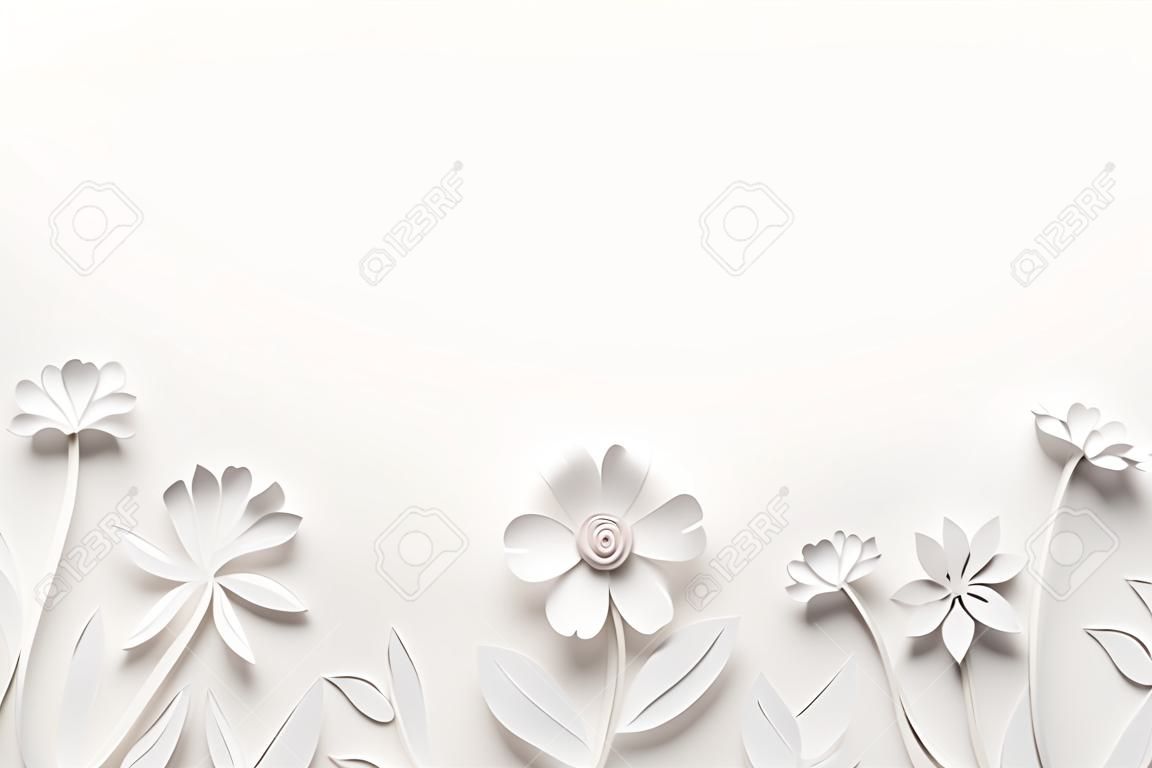 white paper flowers wallpaper on white background, spring summer background, floral design elements