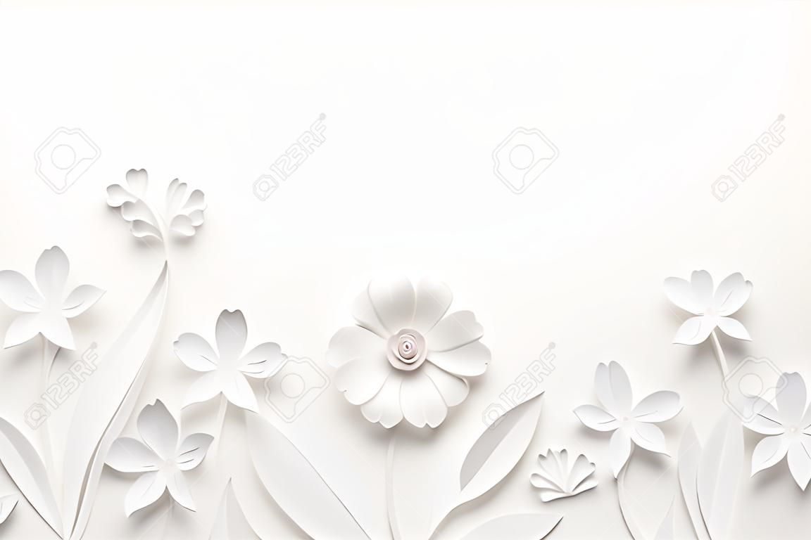 white paper flowers wallpaper on white background, spring summer background, floral design elements