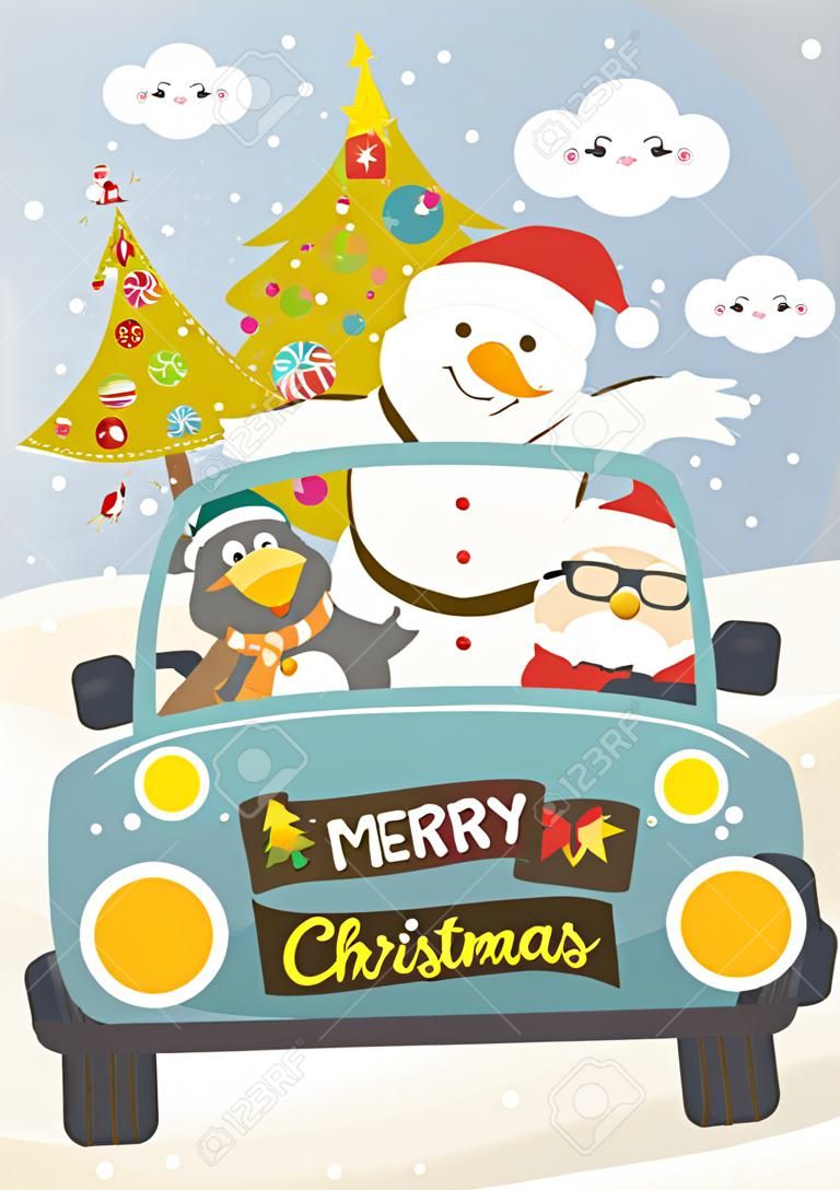 Babbo Natale con renne, pupazzo di neve e pinguino in macchina gialla. Cartolina di Natale di vettore