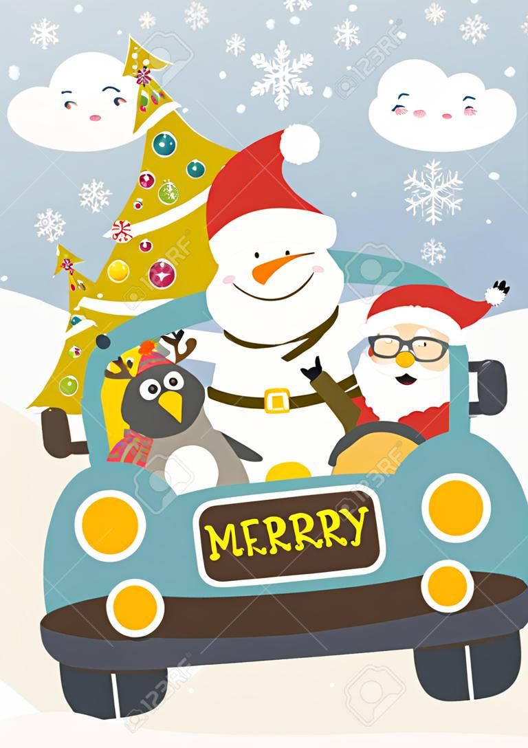 Kerstman met rendieren, sneeuwpop en pinguïn in gele auto. Vector Kerstkaart