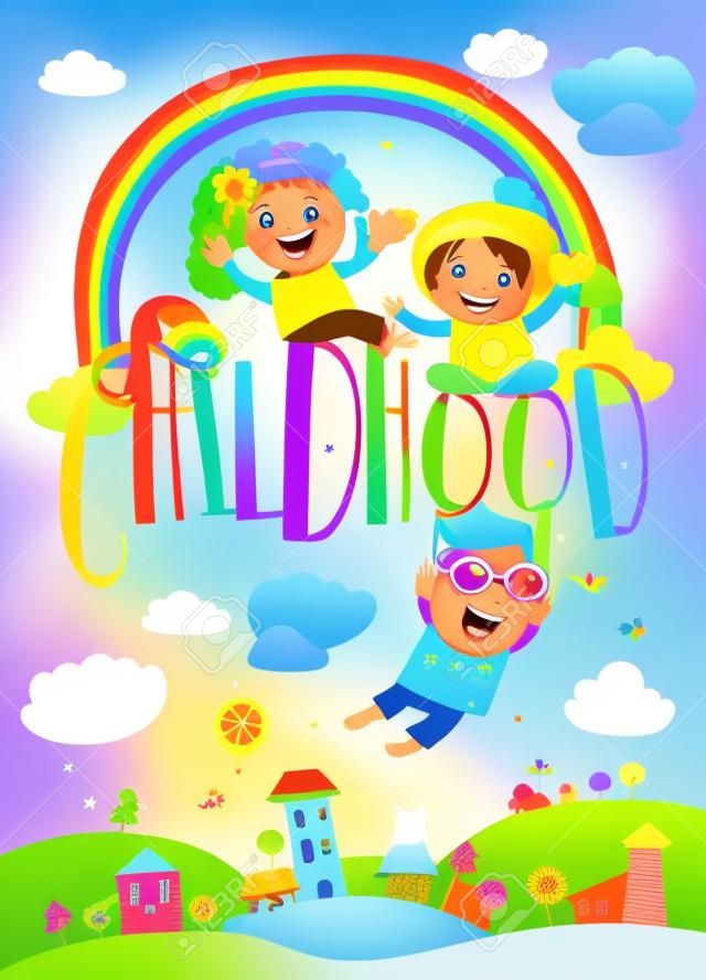 Niños felices con arco iris. Fondo de verano. Ilustración vectorial