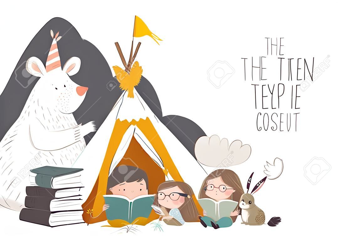 Livre de lecture pour enfants avec des animaux dans une tente tipi