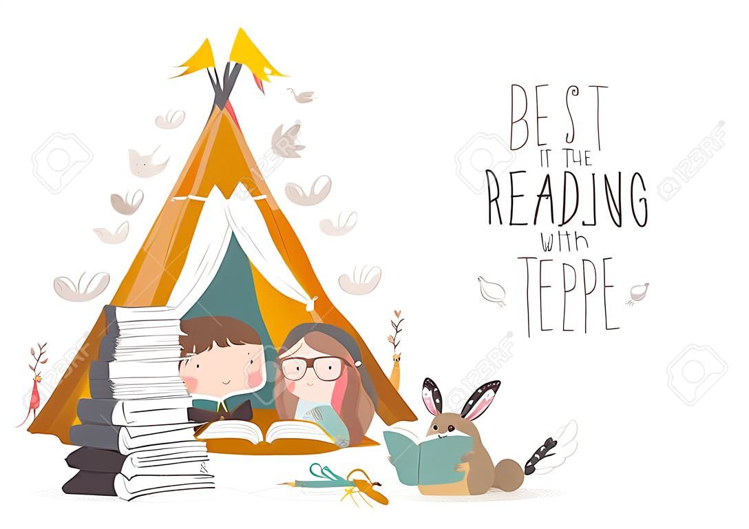 Livre de lecture pour enfants avec des animaux dans une tente tipi