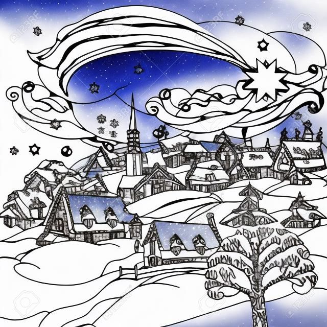 Рождественская звезда летит над деревне зимой, черный и белый. Zentangle скороговорки. Лучше для вашего дизайна, текстиля, плакаты, раскраски